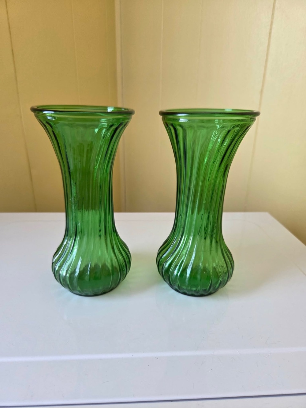 Green Ribbed Glass Bud Vases - Pair